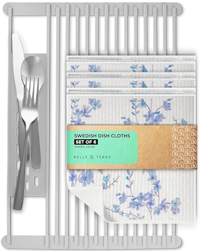 BELLE TERRE Roll-Up Dish Drying Rack & Swedish Cloths Set - Space-Saving, Durable, 6-Pack