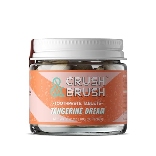 Crush & Brush Toothpaste Tablets - Fluoride-Free, Refillable Glass Jar, 80 Tablets, Tangerine