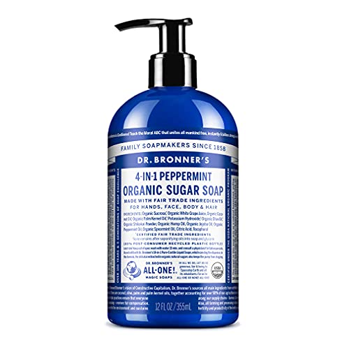 Dr. Bronner's Organic Sugar Soap - Nourishes & Hydrates, Vegan, Non-GMO - Peppermint, 12 oz