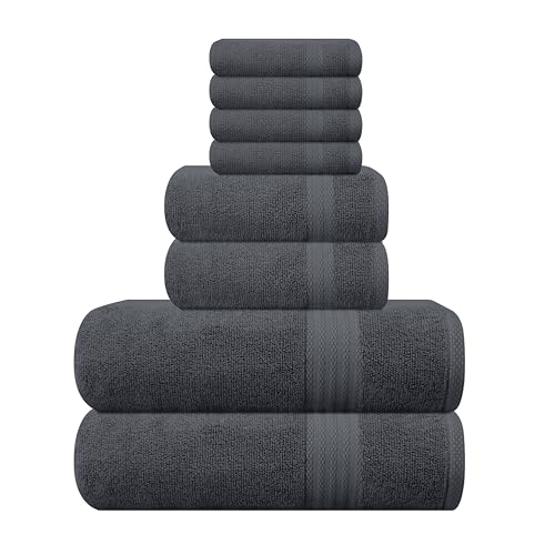 GLAMBURG Ultra Soft Towel Set - Luxurious 100% Pure Cotton, 8-Piece, Charcoal Grey