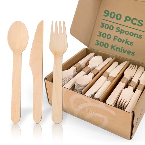 Wooden Compostable Utensils Set - Sturdy, Chemical-Free Cutlery for Events & Picnics - 900 Pieces