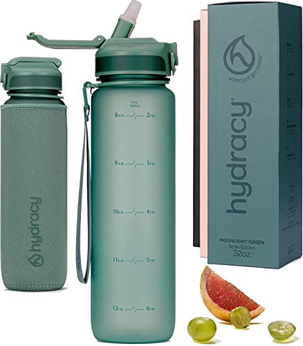 Hydracy Water Bottle with Time Markers - Leakproof, BPA-Free, 32 Oz with No Sweat Sleeve