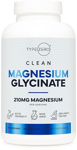 Type Zero Magnesium Glycinate - Supports Heart & Brain Health, Non-GMO, 180 Capsules