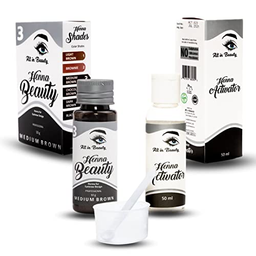 All in Beauty Eyebrow Tint Kit - Long Lasting, Vegan, Natural Ingredients - Henna Powder & Activator