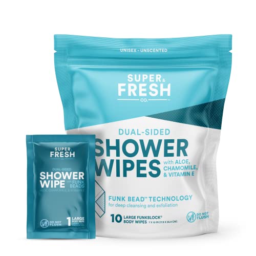 Super Fresh FunkBlock Shower Wipes - Hypoallergenic, Dual-Sided, Aloe & Vitamin E - 10 Wipes