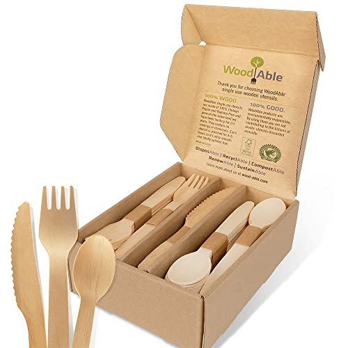 WoodAble Forks & Utensils Set - Durable, Compostable, 100% Plastic-Free - 100 Count Mix