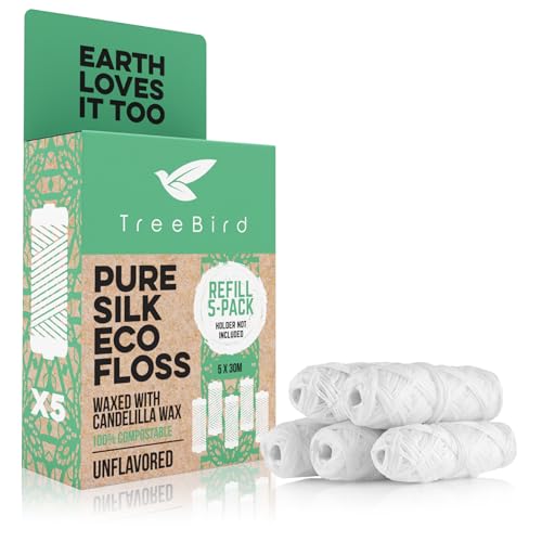 TreeBird Dental Floss - Pure Peace Silk, Plant-Based Waxed, Refill Compatible, 5 Spools x 33yds