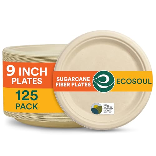 ECO SOUL Compostable 9 Inch Paper Plates - Heavy-Duty, Biodegradable, 125-Pack