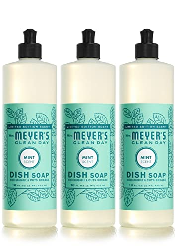 Mrs. Meyer's Clean Day Dish Soap - Cuts Grease, Plant-Derived Mint Scent - 16 Fl Oz, Pack of 3