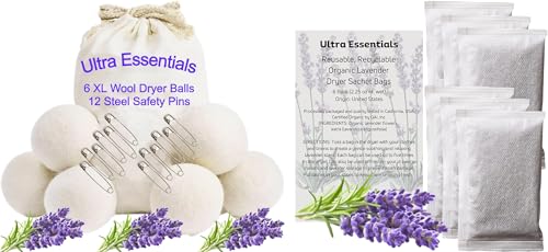 Ultra Essentials Lavender Dryer Sachets & Wool Balls - Odor Eliminator, Anti-Static - 6 Pack