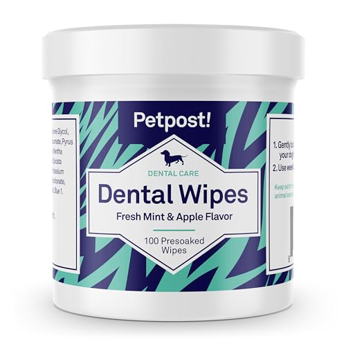 Petpost Pet Dental Wipes - Fresh Mint & Apple Flavor, Natural Ingredients - 100 Presoaked Pads