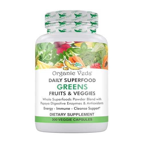 Organic Veda Superfood Greens Capsules - Boost Energy, Support Digestion & Immunity - 300 Count