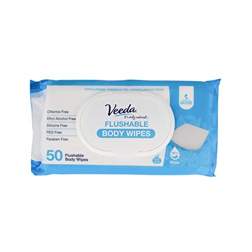 Veeda Adult Hygienic Wipes - Hypoallergenic, pH Balanced, 100% Pulp, 50 Count, Unscented