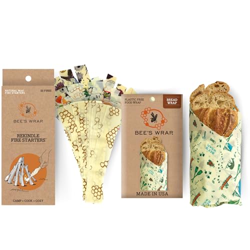 Bee's Wrap Reusable Beeswax Food Wrap & Fire Starters - Keep Food Fresh, Compostable - 3 Pack