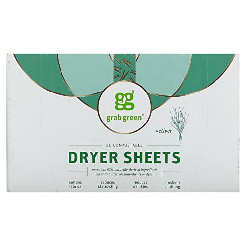 Grab Green Fabric Softener Dryer Sheets - Softens Fabrics, Reduces Static, Vetiver Scent - 80 Sheets