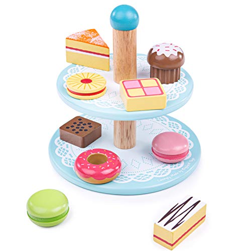 Bigjigs Toys Wooden Cake Stand - 9 Play Food Treats for Creative Roleplay, Safe for Kids - 2-Tier