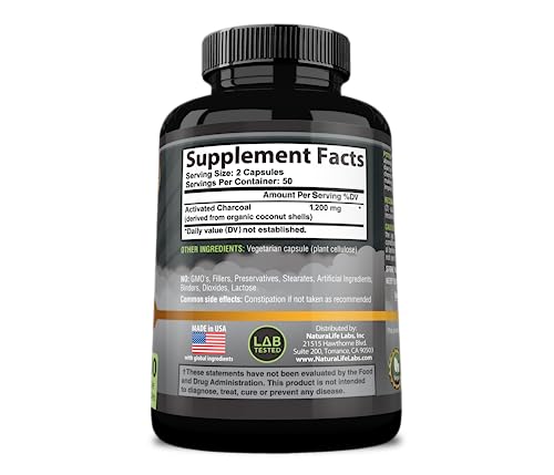 Activated Charcoal Capsules - 1,200 mg for Gas Relief & Detox, Vegan - 100 Count