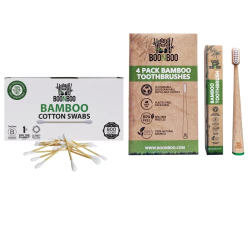 BOONBOO Cotton Swabs & Toothbrushes - Natural Bamboo, 600ct Pack, Biodegradable Design