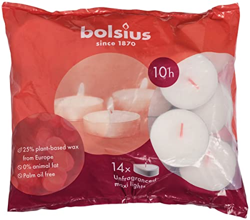 Bolsius Maxi Tea Light Candles - Long Burning, Vegan Wax, Smokeless - Pack of 14, White