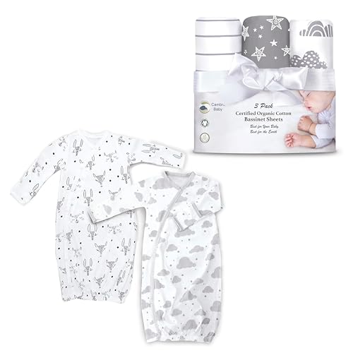 Organic Cotton Crib Sheet Bundle - Flexible Fit for Bassinets, Safe for Baby - 3 Sheets & 2 Gowns