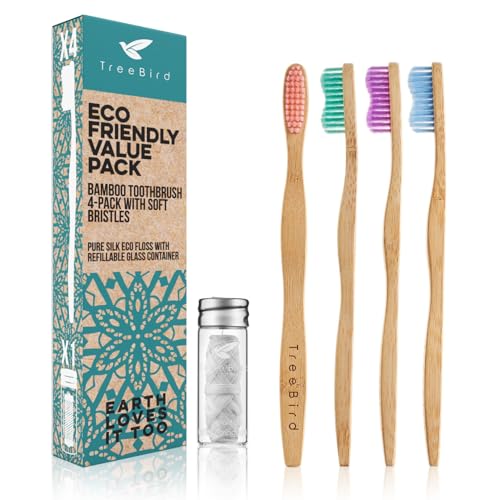 TreeBird Oral Care Set - Bamboo Toothbrushes & Compostable Silk Floss, Soft Bristles - 4 Pack