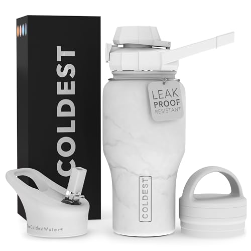 COLDEST Sports Water Bottle - Leak-Proof, Vacuum Insulated, 3 Lids - 26oz Carrara Marble