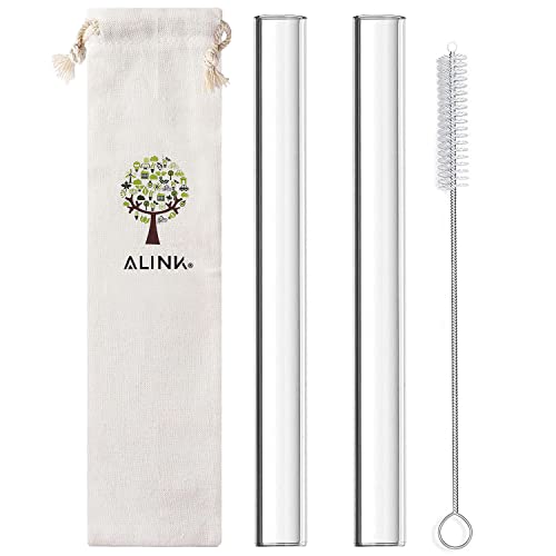 ALINK Glass Boba Straws - Reusable, BPA-Free, Ideal for Thick Drinks - 9in, 14mm, Pack of 2