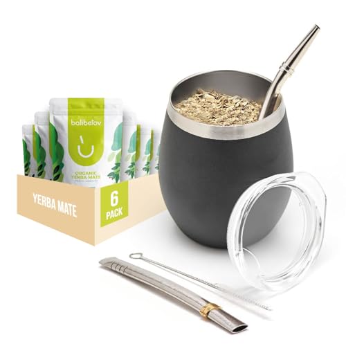 BALIBETOV Yerba Mate Kit - Includes 8oz Cup, 2 Bombillas, Organic Herbal Tea, Cleaning Brush