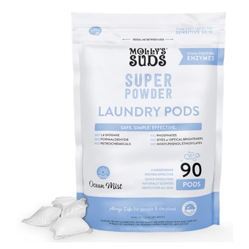 Molly's Suds Super Powder Laundry Pods - Natural Stain Fighter, Gentle on Sensitive Skin - 90 Count