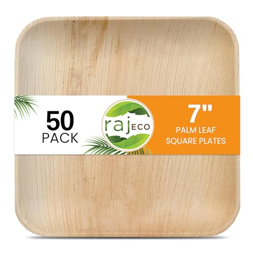 Raj Palm Leaf Plates - 50-Pack 7" Square, Non-Toxic, Compostable, Unique Design - Ideal for Events