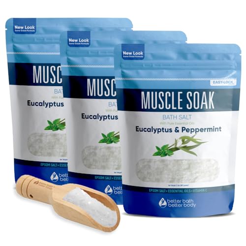 Muscle Bath Salt Soak - Detoxifying Epsom Salt, Aromatherapy Essential Oils - 3 Pouches, 6 lbs