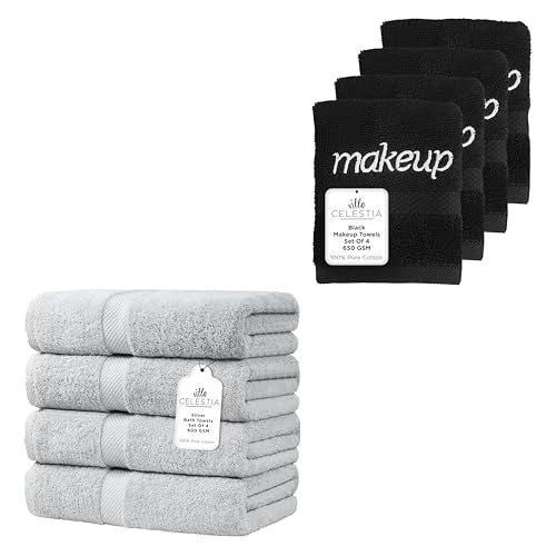 Premium 100% Cotton Towel Set - Ultra Absorbent, OEKO-TEX Certified, Pack of 8 - Silver & Black