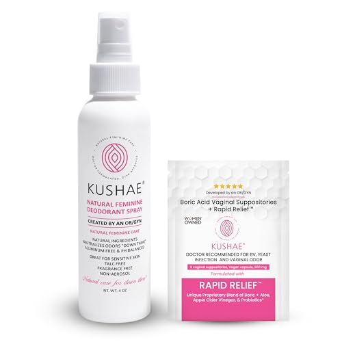 Kushae Feminine Deodorant Spray & Boric Acid Suppositories - Natural Relief, pH Balanced - 4oz