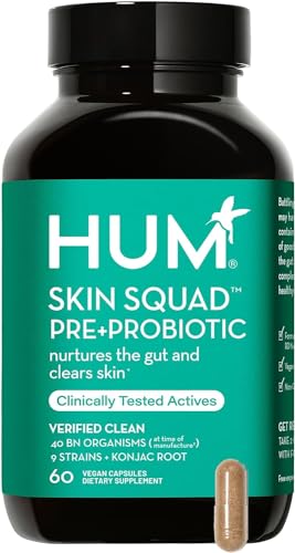 HUM Skin Squad Probiotic - Clear Skin & Gut Health, 9 Strains, Vegan - 60 Capsules