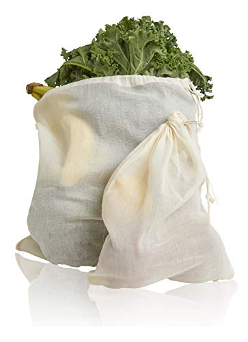 ECOBAGS Produce Bag Set - Biodegradable Cotton, 2 Medium & 2 Large Drawstring Bags