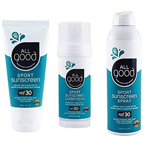 All Good Sport Sunscreen Combo Pack - SPF 50 Butter Stick, SPF 30 Lotion & Spray - Coral Reef Safe