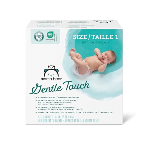 Mama Bear Gentle Touch Diapers - Hypoallergenic, 12-Hour Protection, Size 1, 196 Count