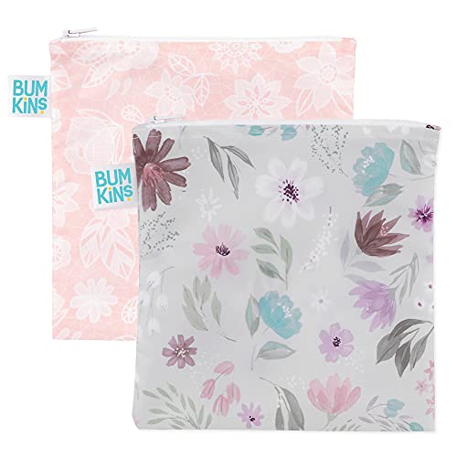 Bumkins Food Storage Bags - Washable, Waterproof Fabric, Safe for Kids & Adults - 2-Pack Floral