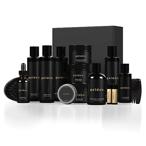 Golden Grooming Co. Men's Grooming Set - All-Natural Care for Face, Body & Beard - 15 Items