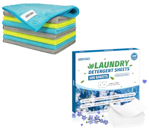 FIXSMITH Microfiber Cloths & Laundry Sheets - Ultra-Absorbent, Hypoallergenic - 8 Pack, 100 Loads