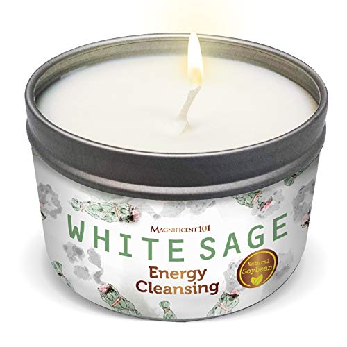 Magnificent 101 White Sage Scented Candle - Energy Cleansing & Chakra Healing - 6oz, 35 Hour Burn