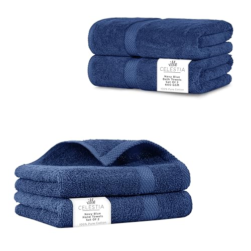 Cotton Towel Set - Luxuriously Soft, Highly Absorbent, Chemical-Free - Pack of 4, Navy