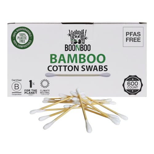 BOONBOO Bamboo Cotton Swabs - PFAS-Free, Biodegradable, 600 Count, Certified by B Corp