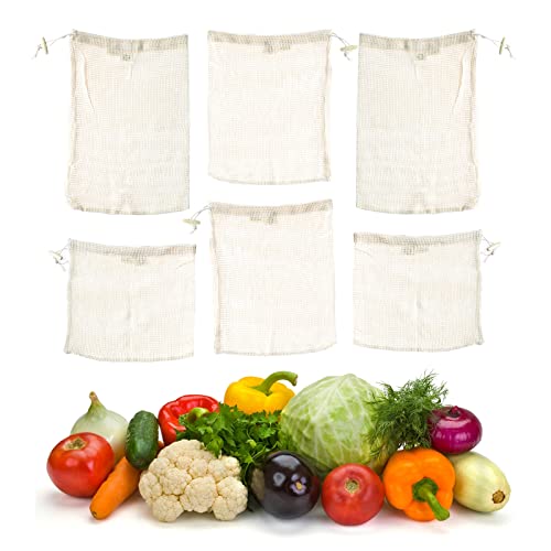 EKOLOJEE Mesh Produce Bags - Organic Reusable Grocery Set, 6 Bags in 3 Sizes for Fruits & Veggies