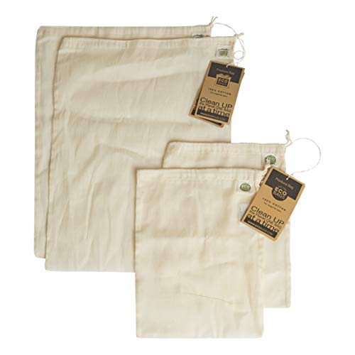 ECOBAGS Produce Bag Set - Biodegradable Cotton, 2 Medium & 2 Large Drawstring Bags