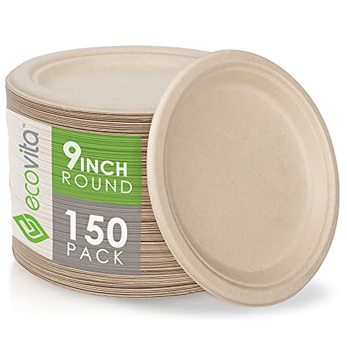 Ecovita Compostable Plates - Sturdy, Liquid Resistant, PFAS Free, 9in, 150 Count