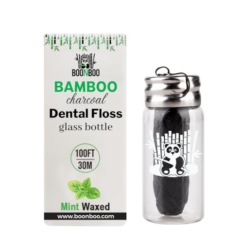 BOONBOO Dental Floss - PFAS-Free Bamboo Charcoal, Mint Flavor, 100FT in Glass Bottle