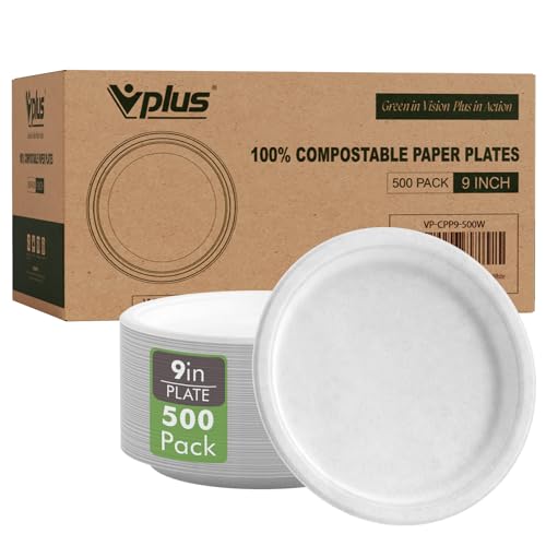 Vplus 500 Pack Paper Plates - Heavy-Duty, Compostable Bagasse, Biodegradable - 9 Inch