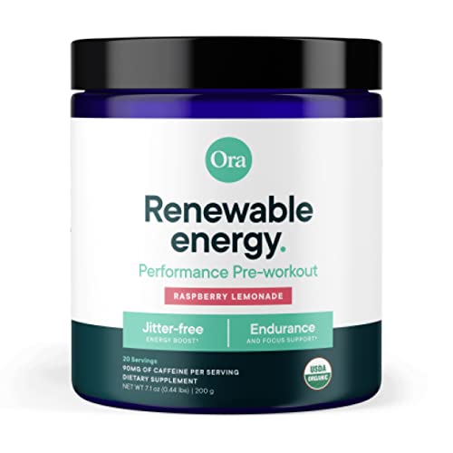 Ora Organic Pre-Workout Powder - Jitter-Free Energy & Focus, Vegan - Raspberry Lemonade, 20 Servings