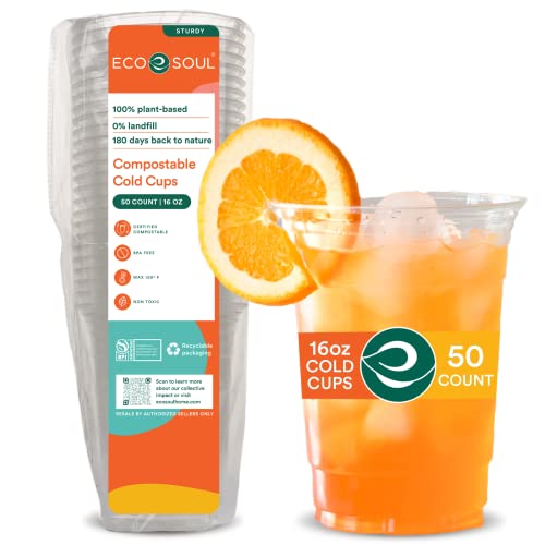 Eco Soul Compostable Party Cups - 100% Plant-Based, BPA-Free, 16oz, 50 Count